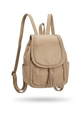KKXIU Boho Vegan Leather Tassel Mini Backpack Purse - Beige/Khaki